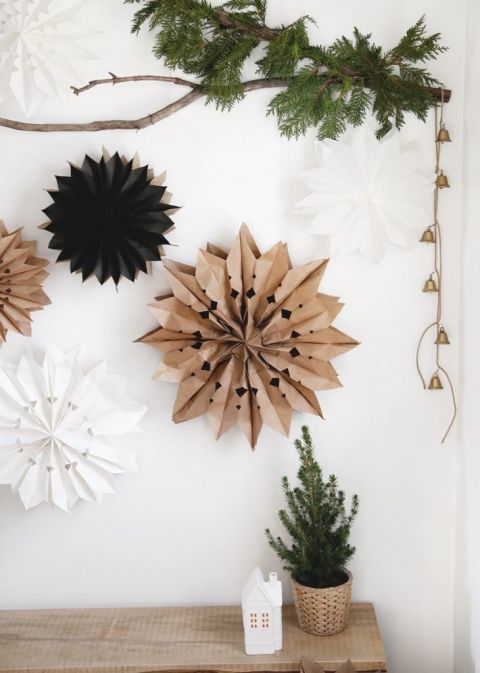 brown black and white paper bag stars