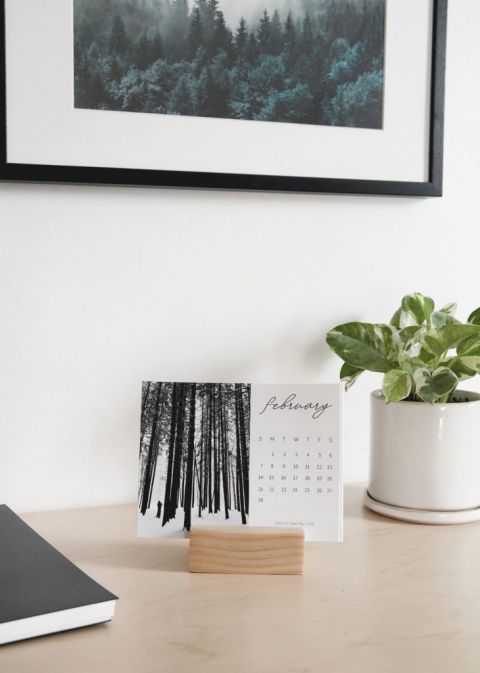 photo calendar on desk next to plant