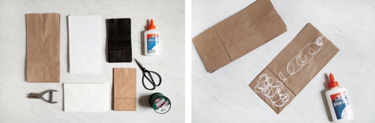 bags next to supplies of glue, scissors, hole punch, string