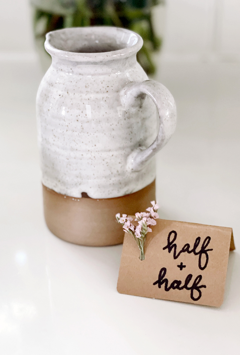 ceramic creamer jar with floral food label sign for half and half