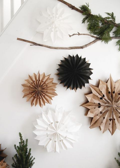 black brown and white star decorations hanging