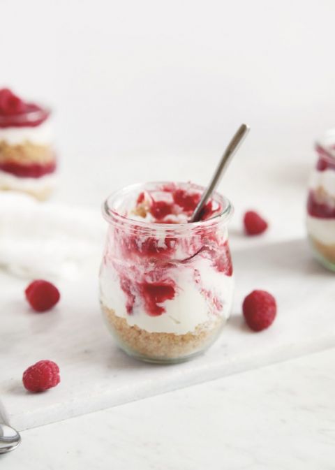 half eaten jar of no bake raspberry cheesecake
