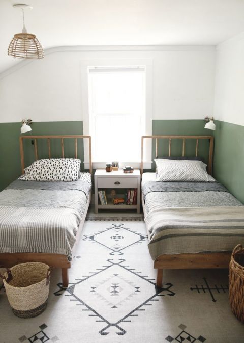 wood twin beds in shared boys room