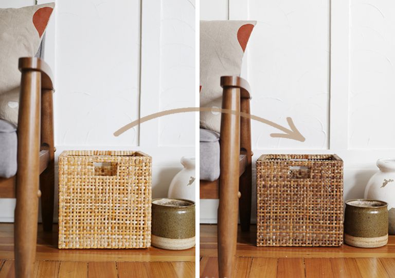 before and after of a stained square basket