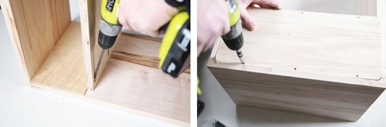 drill screwing pieces of wood together and drill screwing back of wood on drawer