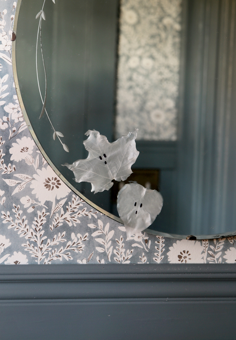 bathroom mirror with two transparent glue ghost leaves hanging on mirror