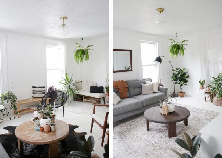 side by side before and after of living room