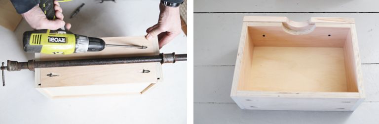 drill screwing into a piece of wood for a wood drawer