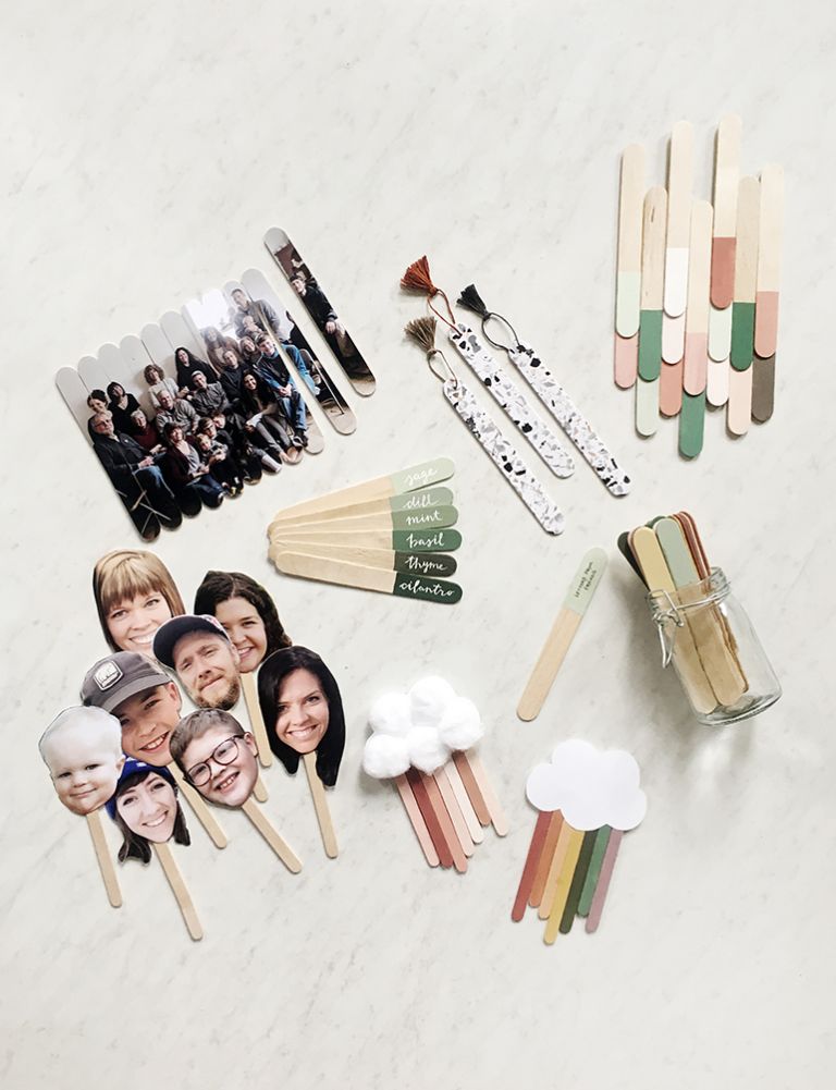 popsicle stick crafts laid out on counter