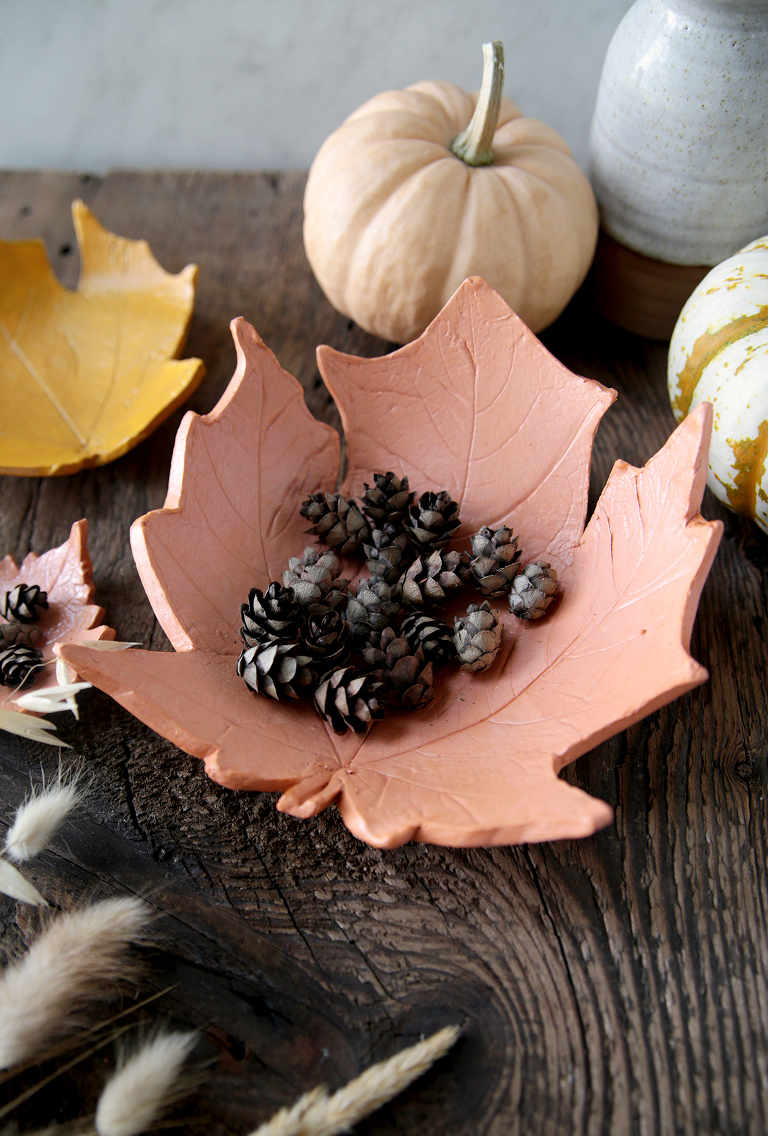 terracotta clay leaf bowl with mini pinecones in it sitting on board with mini pumpkins around it