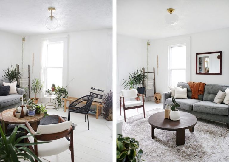 side by side before and after of living room