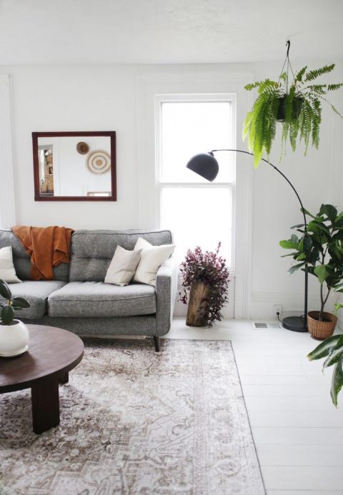 white living room with grey couch and plants