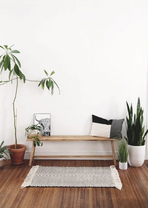 entryway bench with plants and pillow and black and white rug