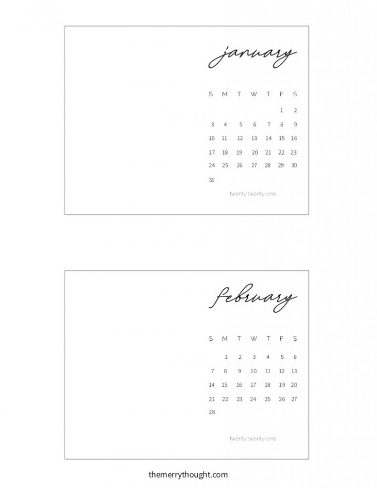 january and february 2021 minimal calendar