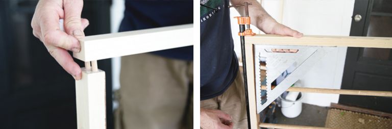 wood with dowel pins, wood frame clamped with square tool