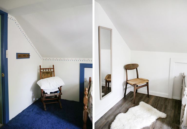 side by side before and after images of kids cottage room