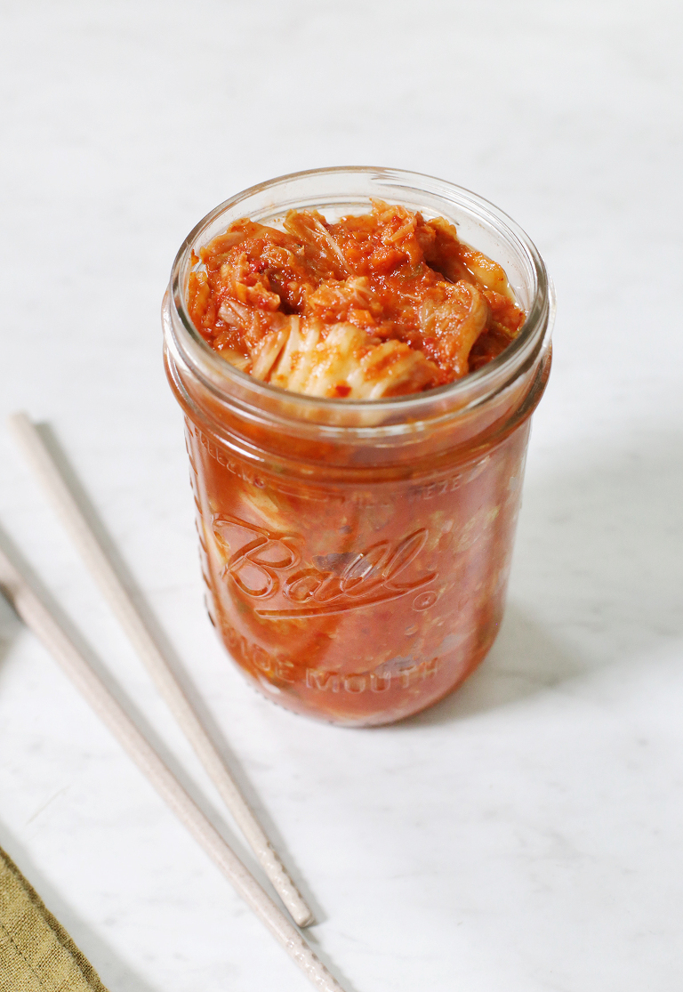 glass mason jar filled with easy homemade kimchi