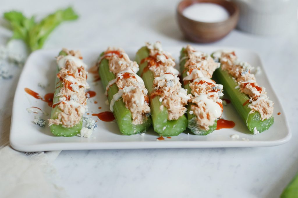 close up of the side of buffalo chicken celery from the side