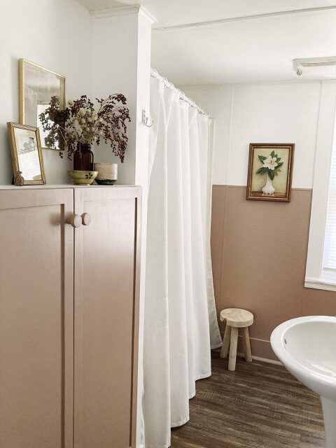 bathroom view with cabinet and white shower curtain and art on the wall