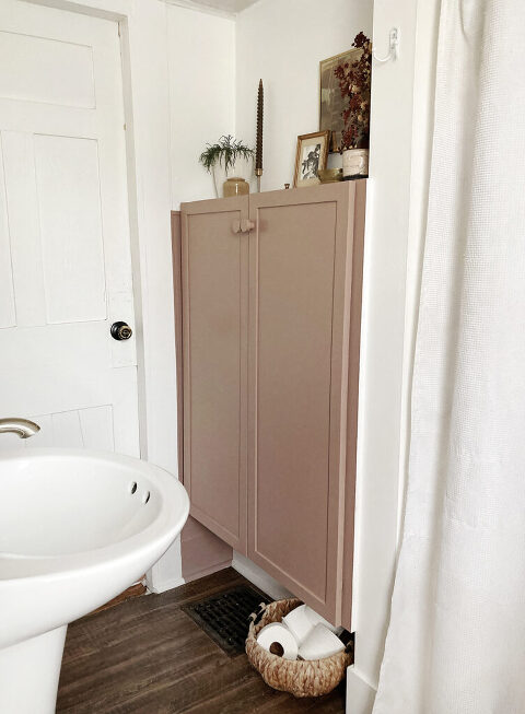 pink brown doors covering open shelves