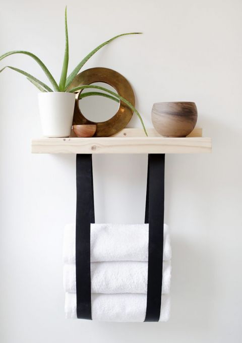 DIY Wood and Leather Towel Shelf