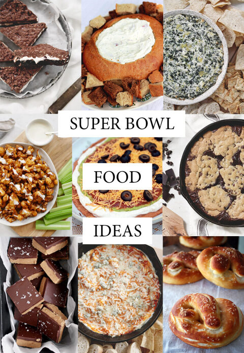 collage of appetizers and snacks for super bowl food ideas
