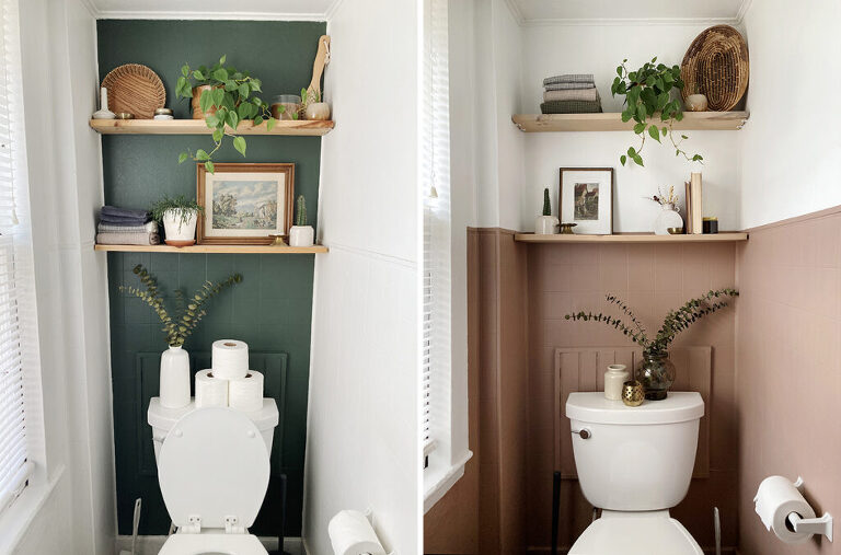 side by side before and after of shelved behind toilet