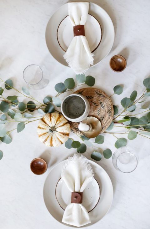 eucalyptus table runner with minimal autumn table set up