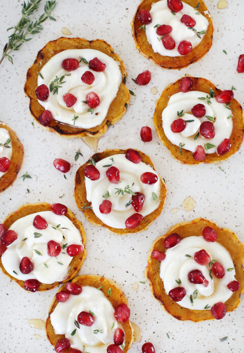 close up of delicata squash with whipped goat cheese