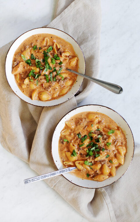 two bowls of upper protein homemade hamburger helper