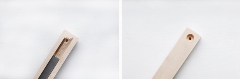 two close up pictures of building wood magnetic display rail