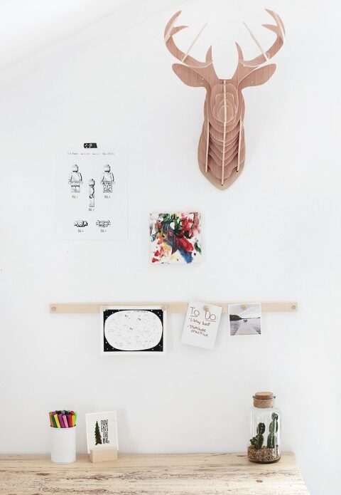 white wall with wood deer head and wood magnetic display rail hanging on wall above desk