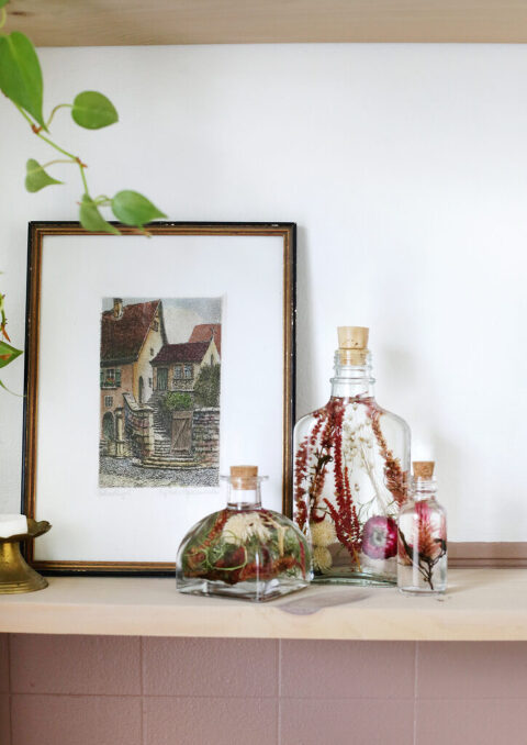 three Japanese herbariums next to framed artwork on shelf