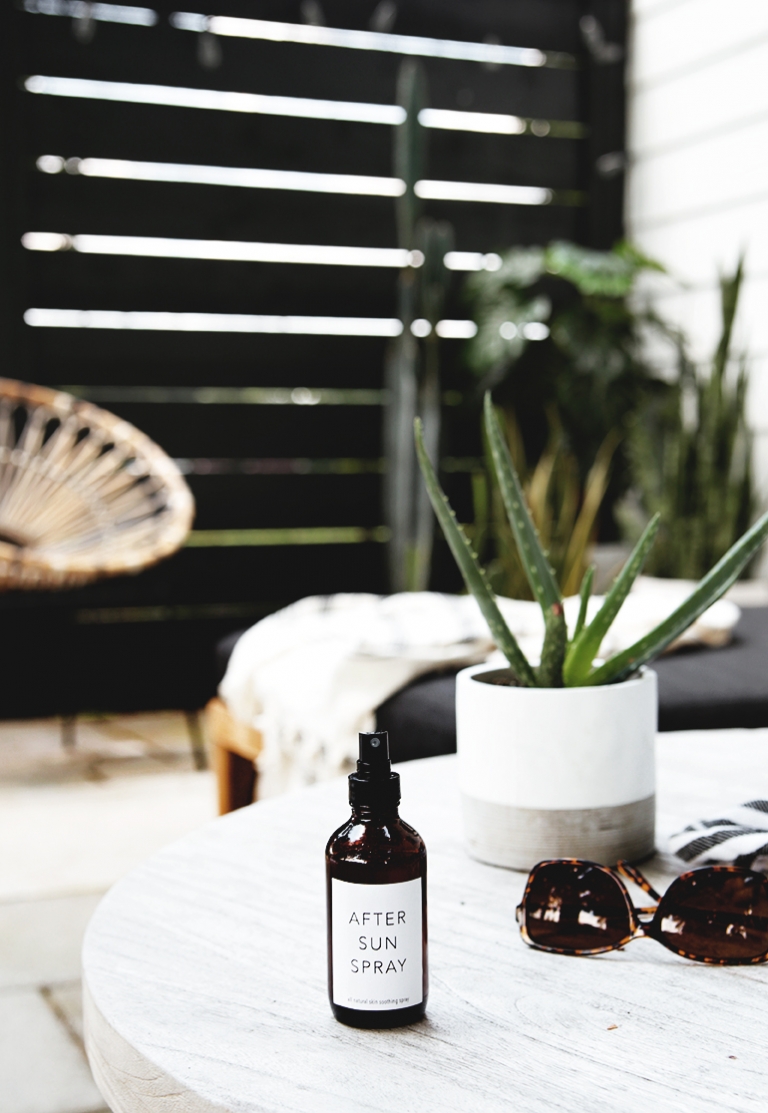 bottle of after sun spray with aloe plant and sun glasses