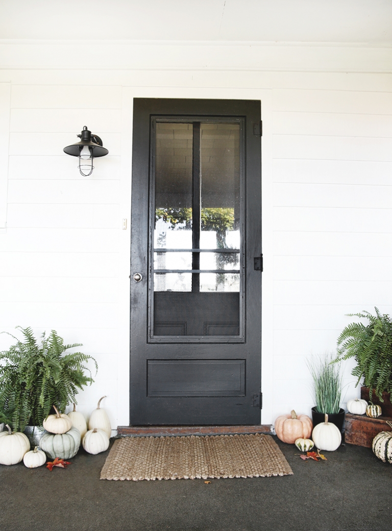 black front door with pumpkins and ferns around it