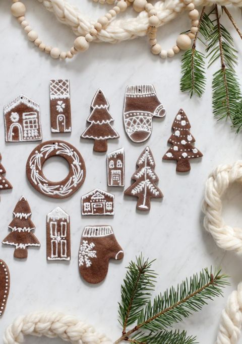 gingerbread ornaments on white backdrop