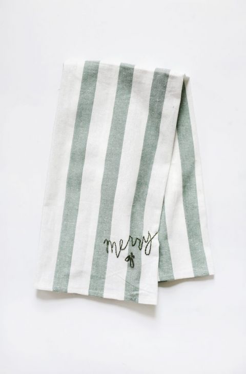 white and green striped dish towel with embroidery