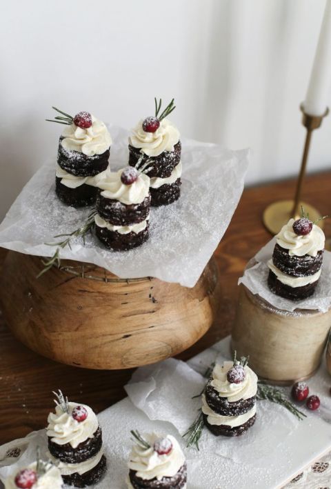 overhead shot of christmas desserts displayed on table