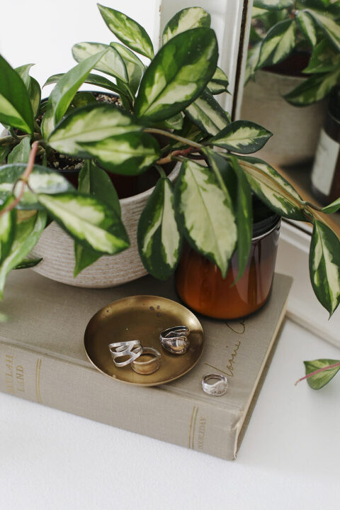 rings on brass tray on top of book next to plant and candle