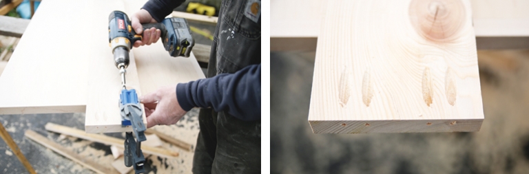 drilling piece of wood with pocket jig and piece of wood with picket jig holes in it