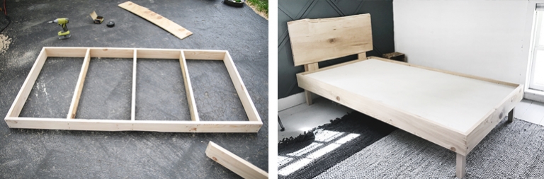 wood bed frame on ground and bed without mattress