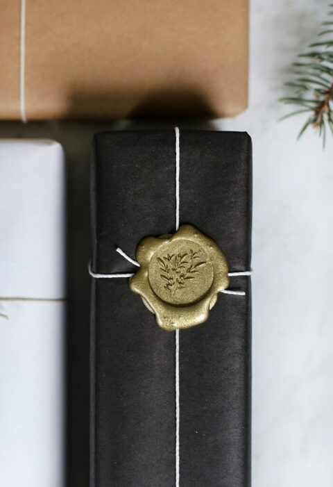 close up of wax stamp gift wrapping