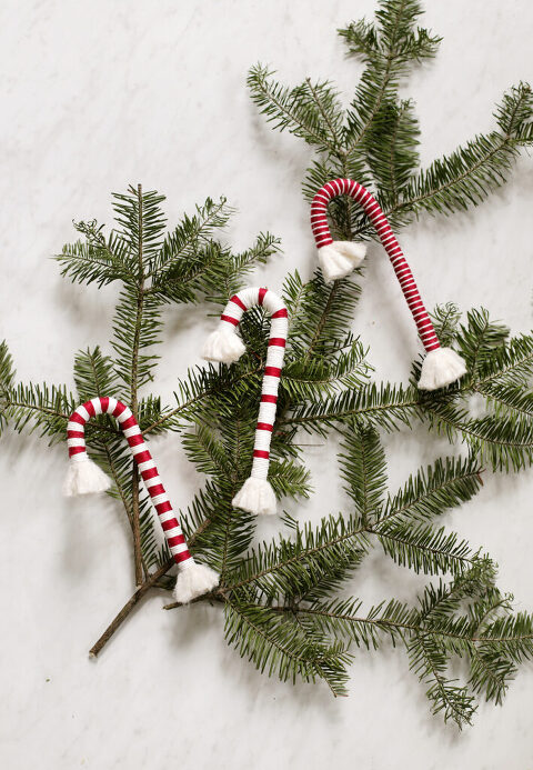 three cotton candy canes laid on top of large pine branch on white marble surface