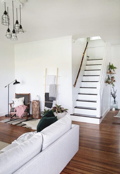 living room with stairs