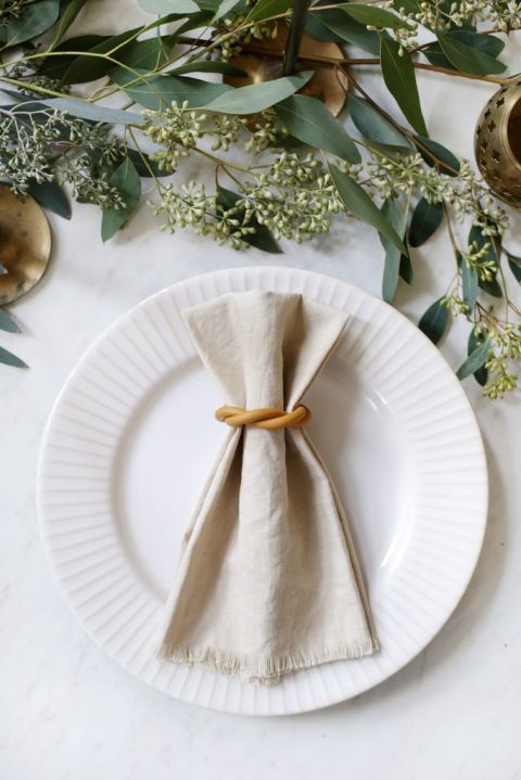 napkin in a napkin ring on white plate 