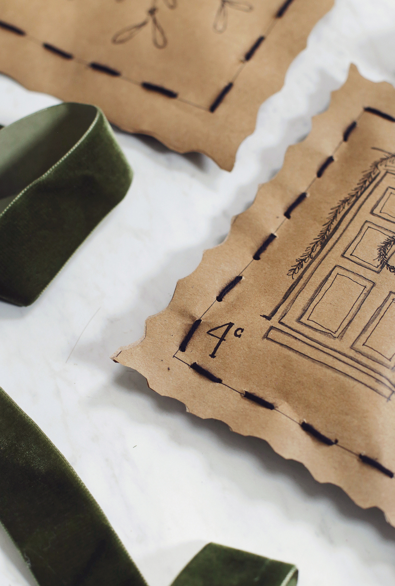 corner of postage gift wrapping with yarn stitching