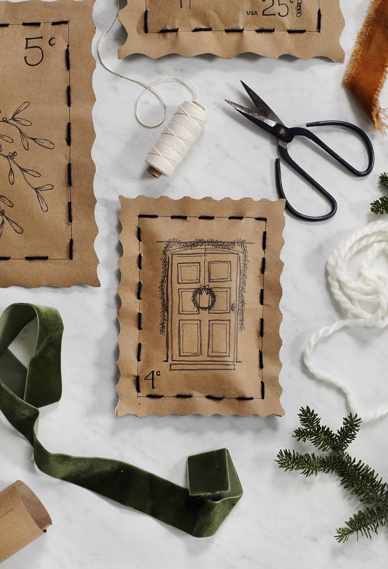 christmas door drawn on hand stitched christmas wrapping