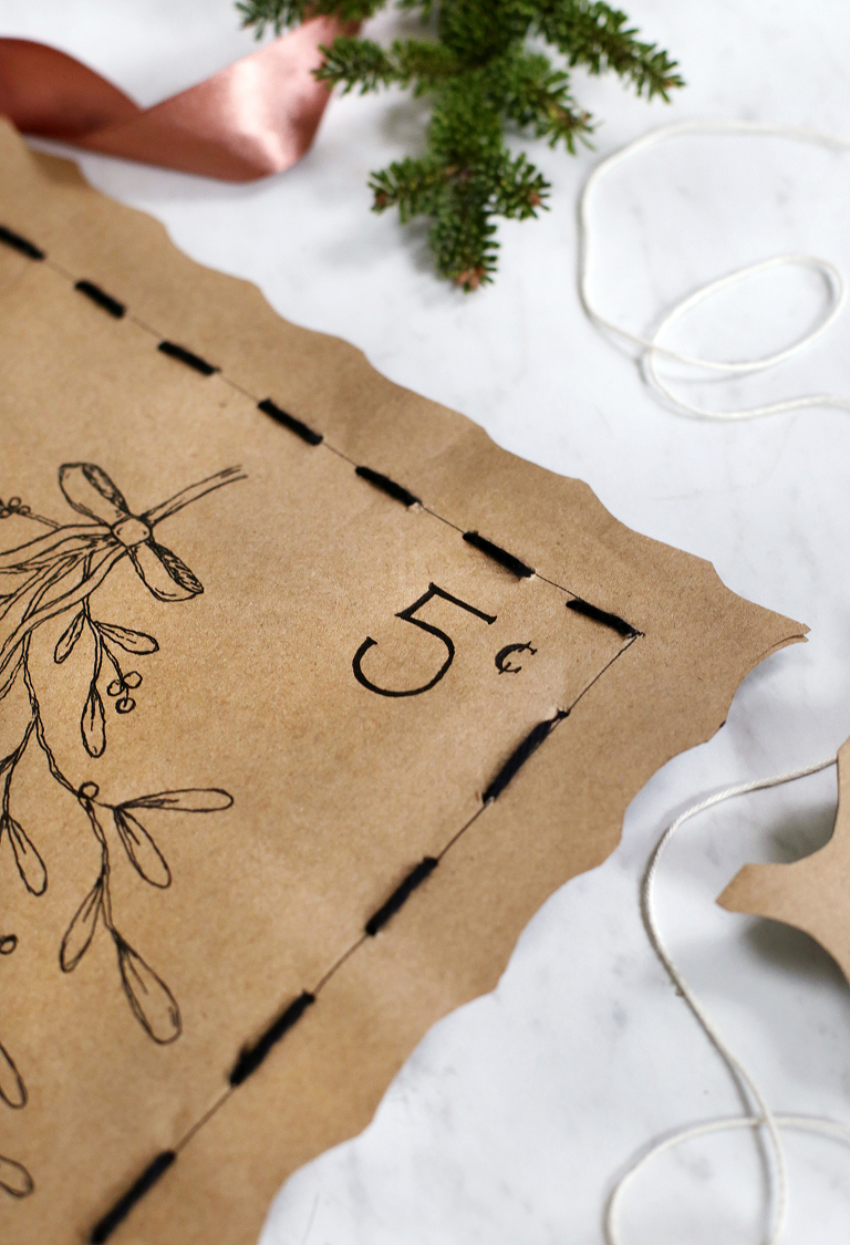 corner of postage gift wrapping with yarn stitching