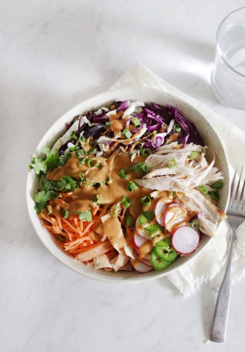 overhead shot of bowl full of colorful salad