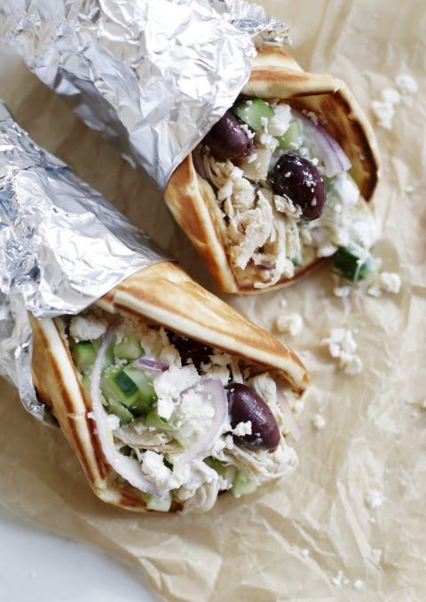 close up of two chicken gyros